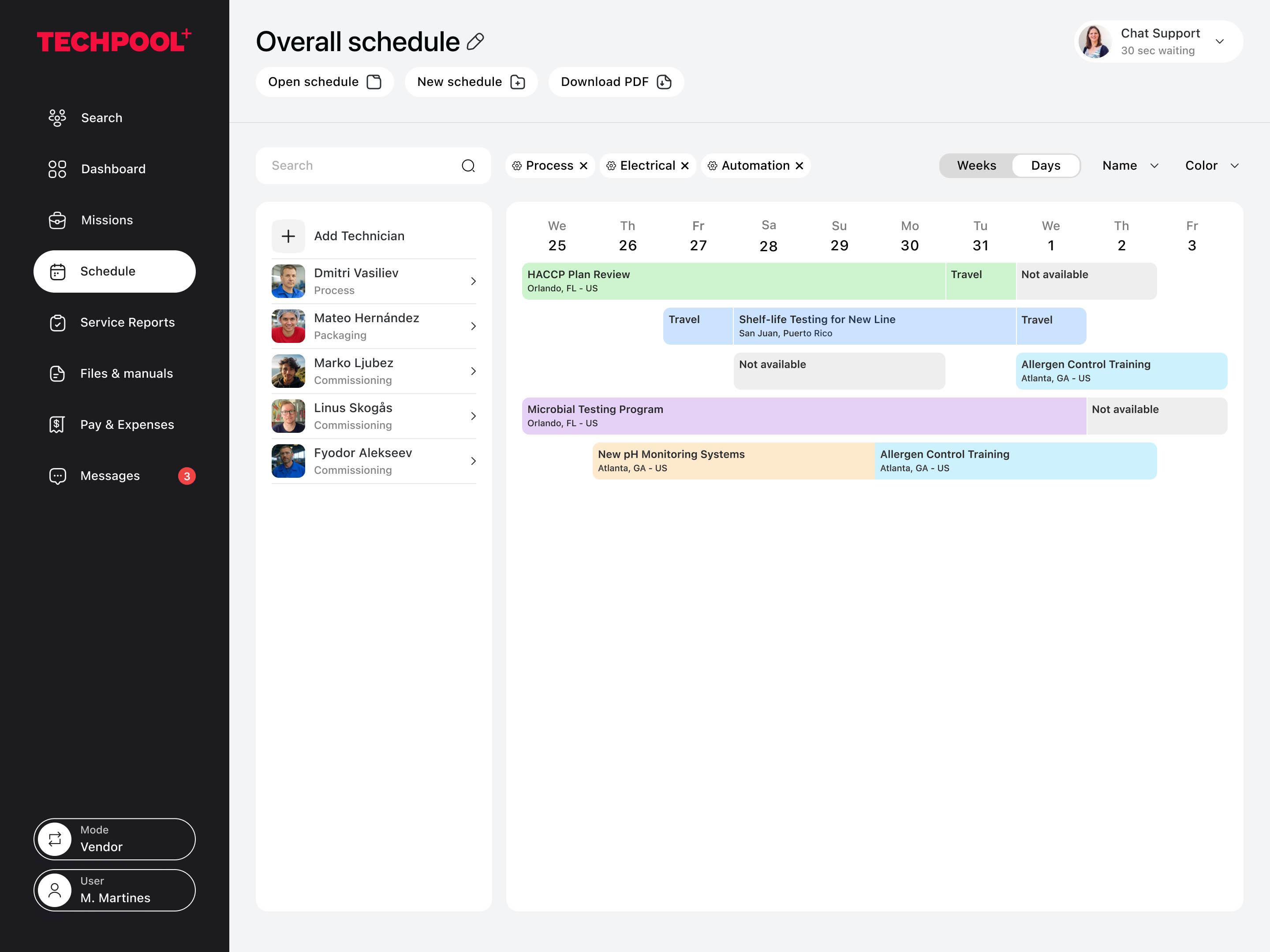 Techpool schedule — week view with every technician's assignments, travel and availability