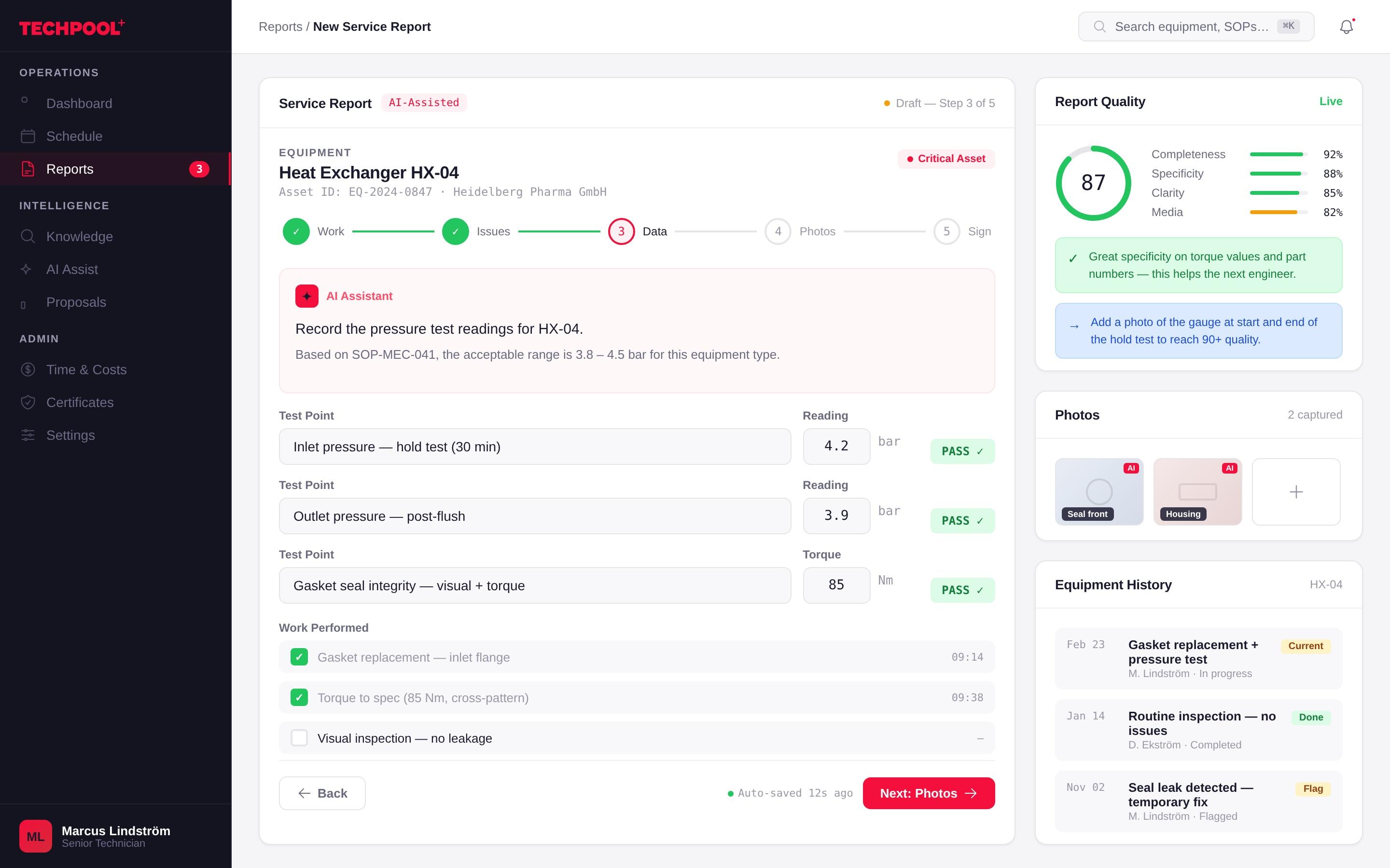 AI-assisted service report in Techpool — guided steps, readings, photos and a live quality score