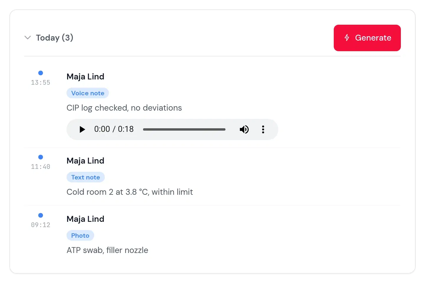 Three captures from the job in Techpool: a voice note, a text note and a photo, with a Generate button