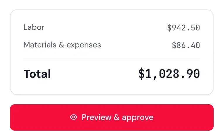 Techpool invoice totals: labor $942.50, materials and expenses $86.40, total $1,028.90, with Preview and approve