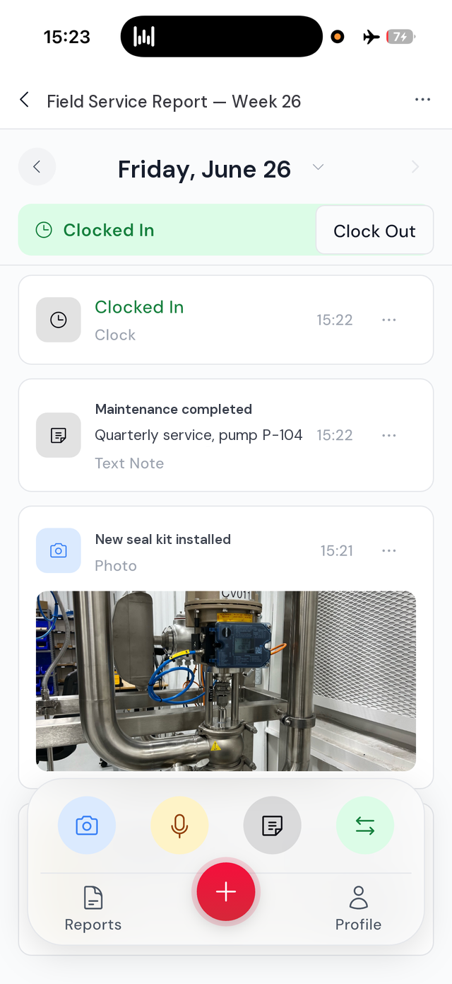 Instant Capture app: clocked in, with a timeline of photo and note captures